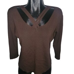 Linda Matthews Brown Criss Cross Neckline Top XL